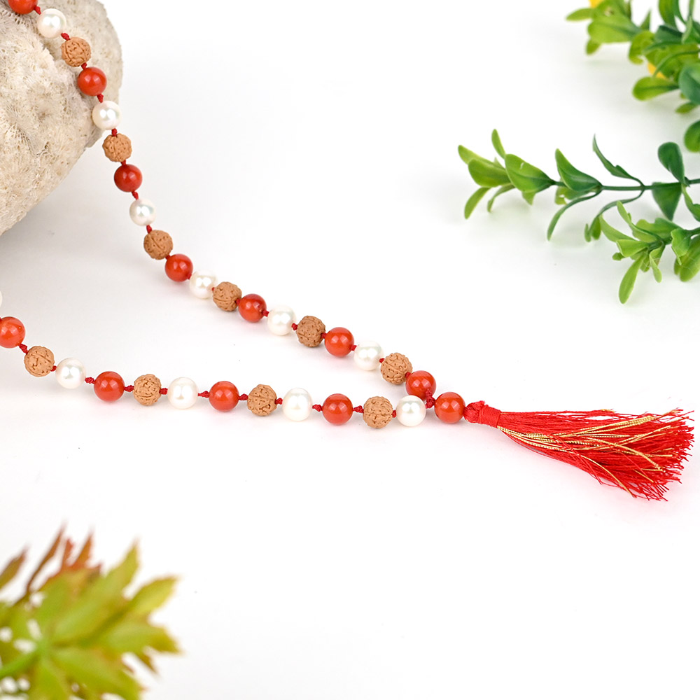 Coral 6 mukhi Rudraksha & Pearl Mala