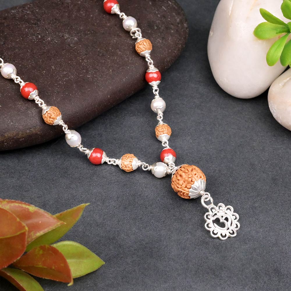 Coral Pearl & 6 Mukhi Rudraksha 925 Silver Flower Caps Mala with OM Pendant