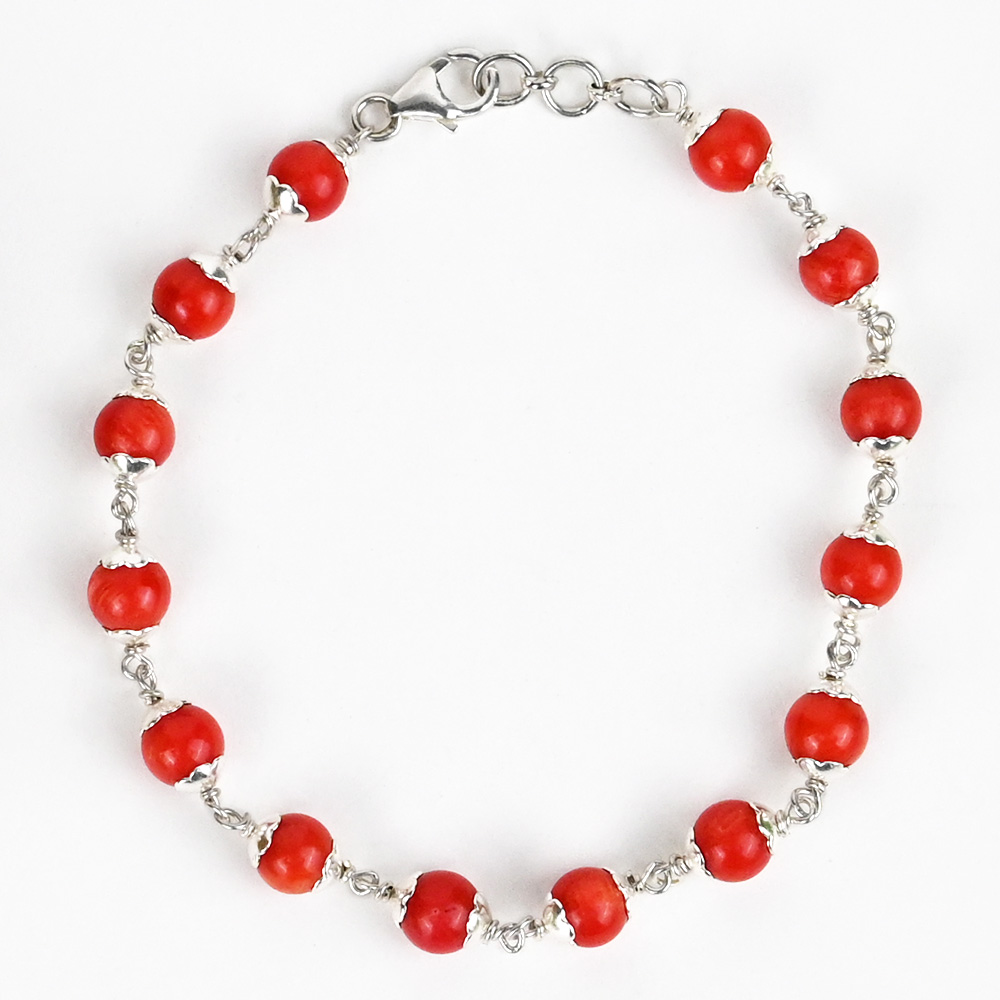 Red Coral 925 Silver Flower Caps Bracelet