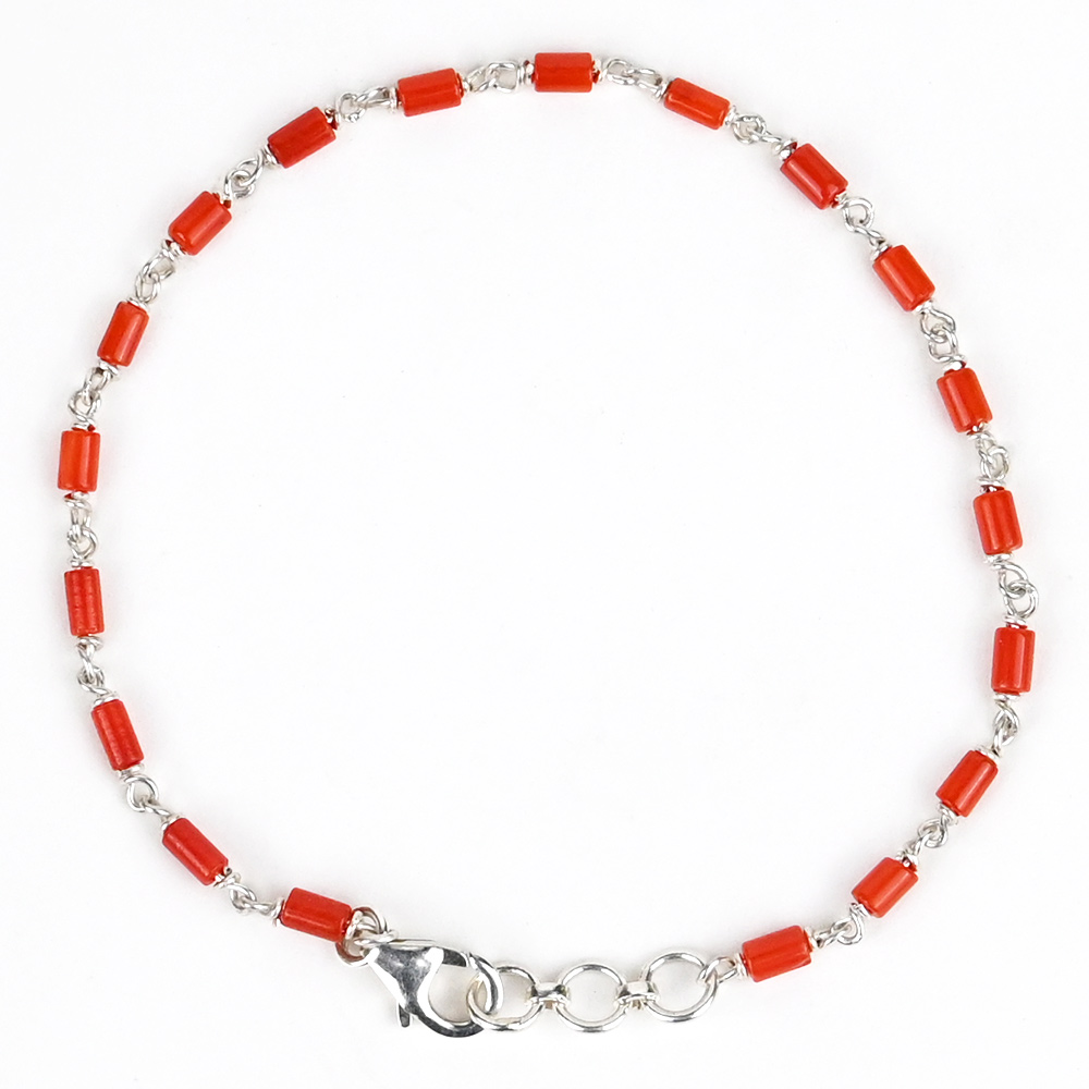 Coral Cylindrical Shaped 925 Silver Wire Bracelet