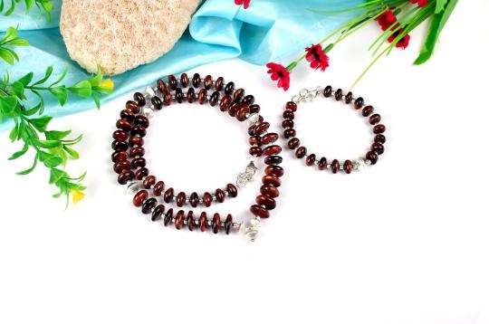 TMB56-Red Tiger Eye (Button Shape) Silver Mala & Bracelet Set