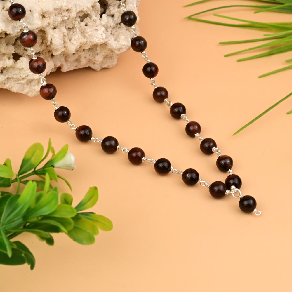 Red Tiger Eye Round Beads 925 Silver Wire Mala