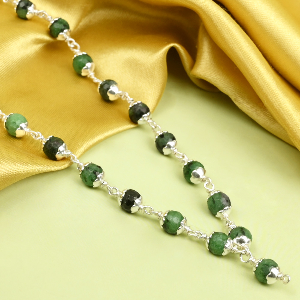 Ruby Zoisite Faceted 925 Silver Flower Caps Mala