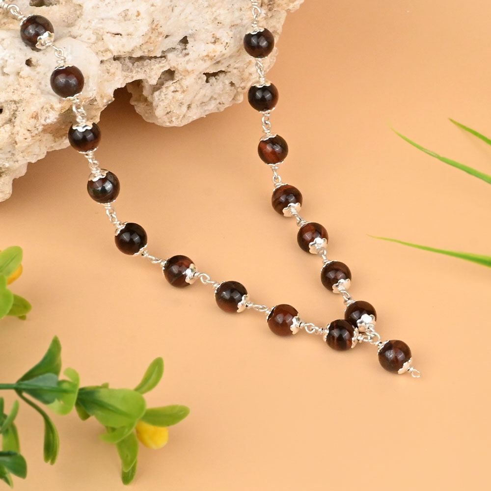 Red Tiger Eye Round Beads 925 Silver Flower Caps Mala