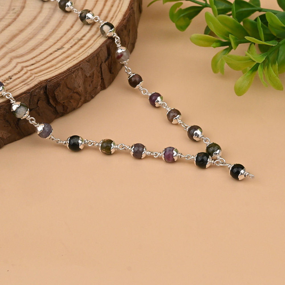 Multi Tourmaline 925 Silver Flower Caps Mala