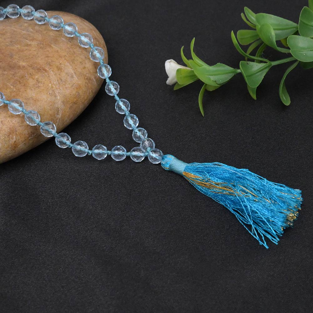 Blue Topaz Faceted Beads Knotted Mala