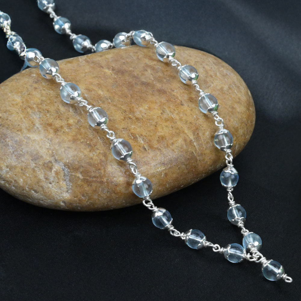 Blue Topaz 925 Silver Flower Caps Mala