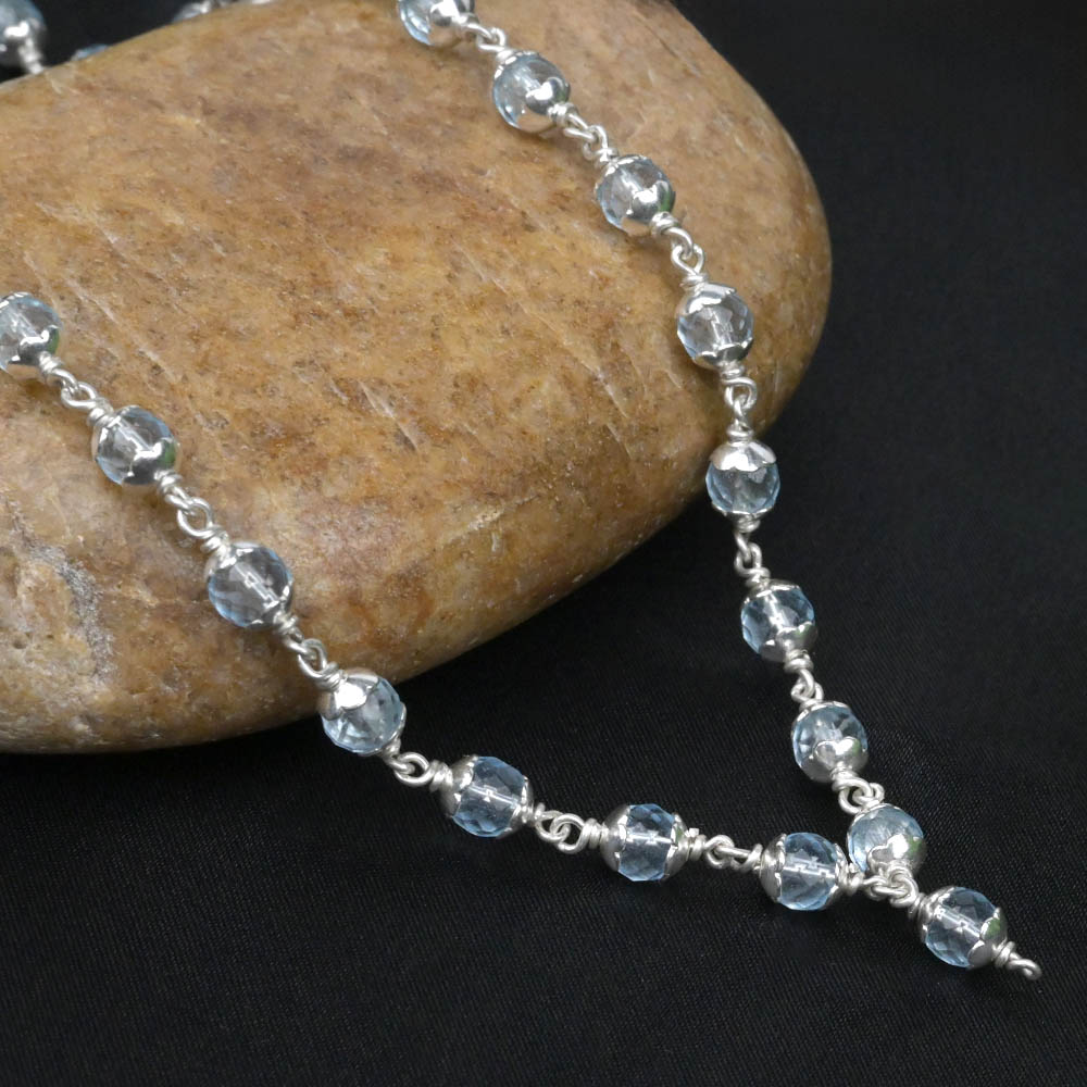 Blue Topaz Faceted 925 Silver Flower Caps Mala