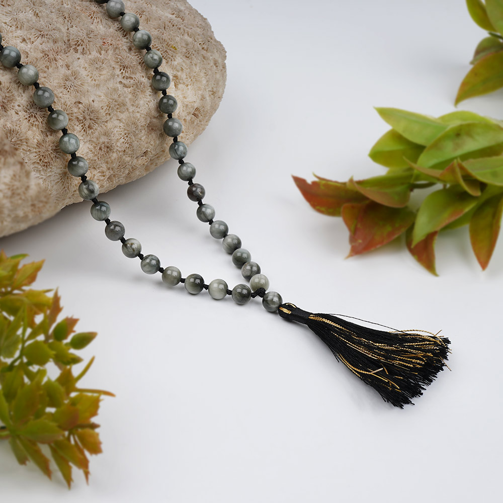 Grey Cat's Eye Knotted Mala