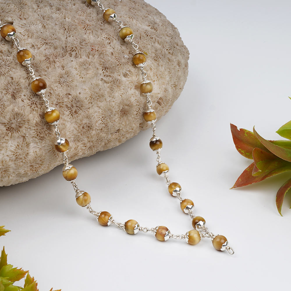 Brown Cat's Eye 925 Silver Flower Caps Mala