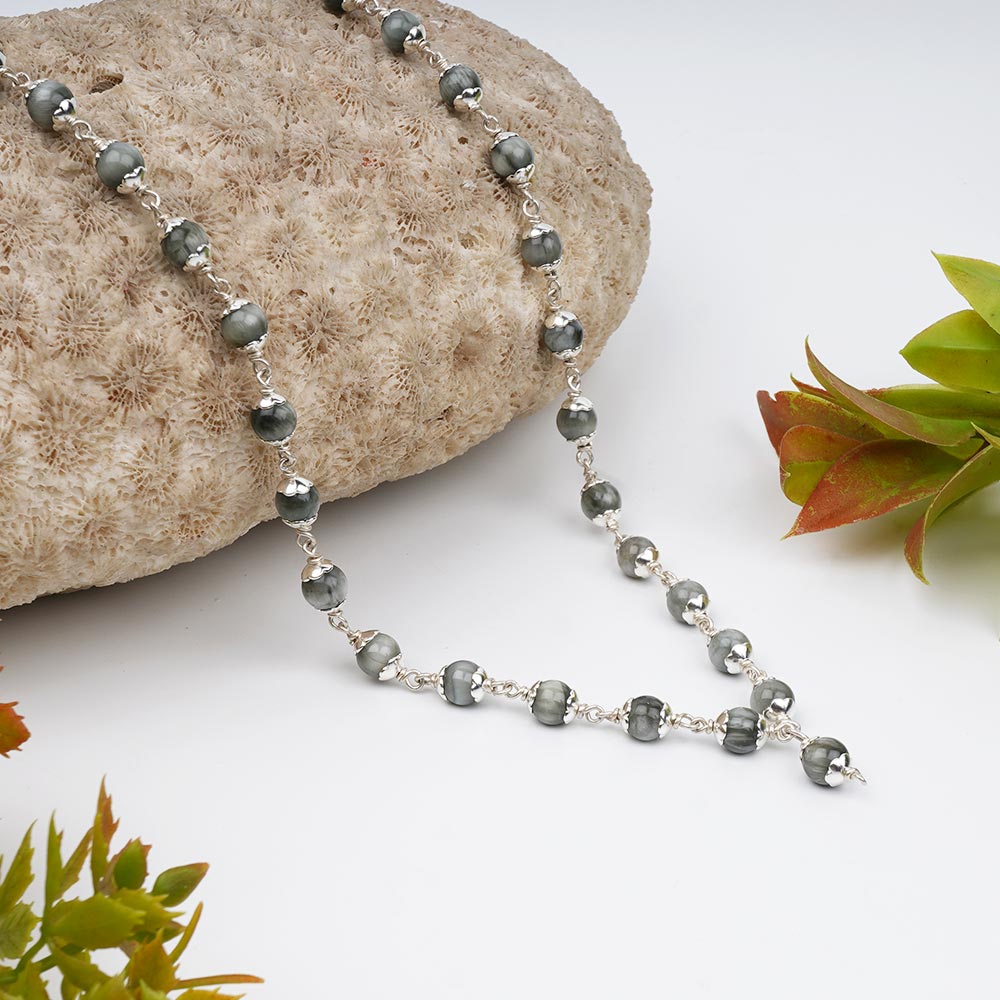 Grey Cat's Eye 925 Silver Flower Caps Mala
