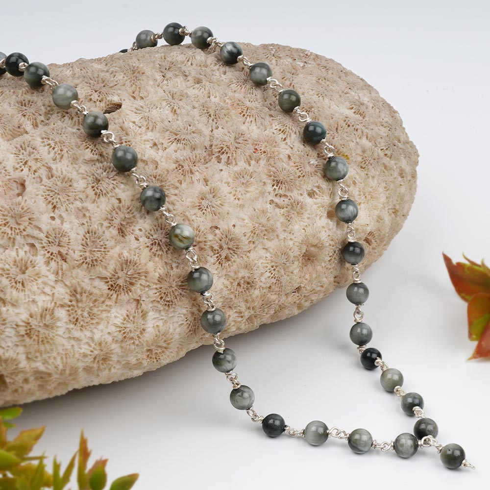 Grey Cat's Eye 925 Silver Wire Mala