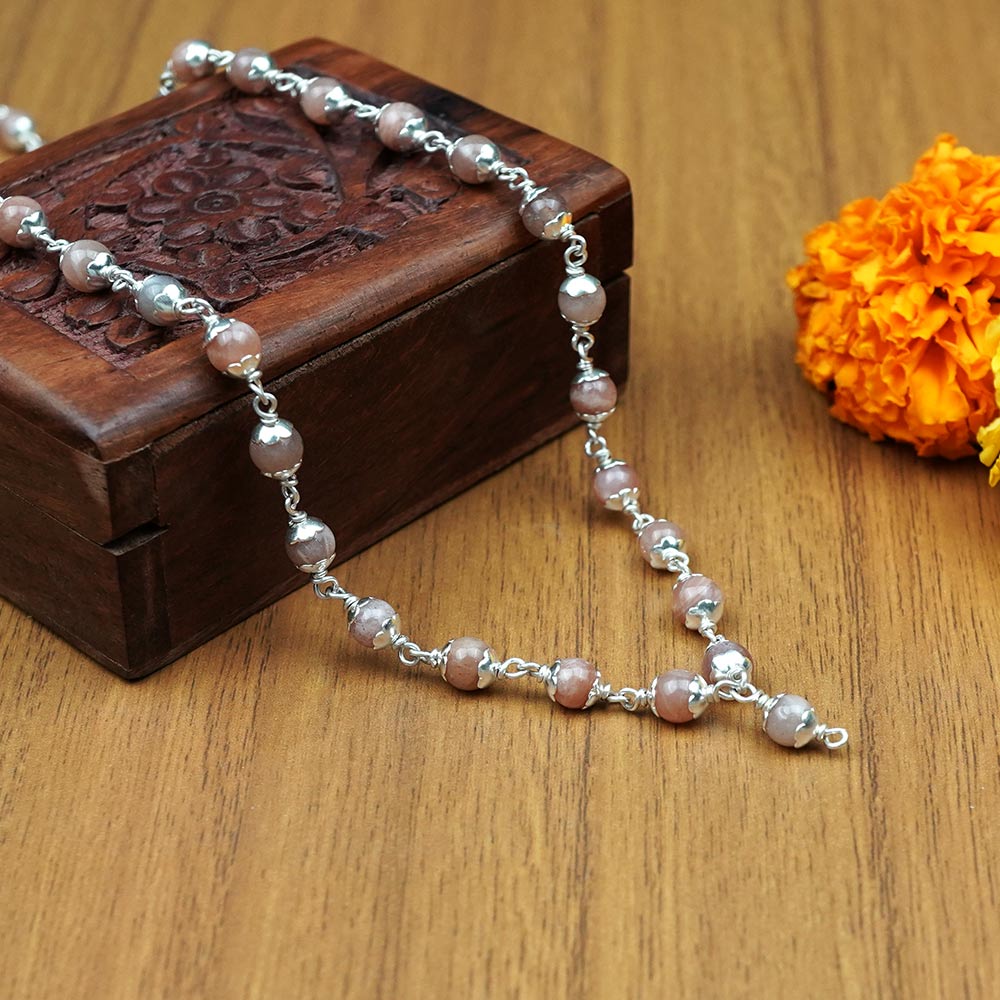 Sunstone Round 925 Silver Caps Mala