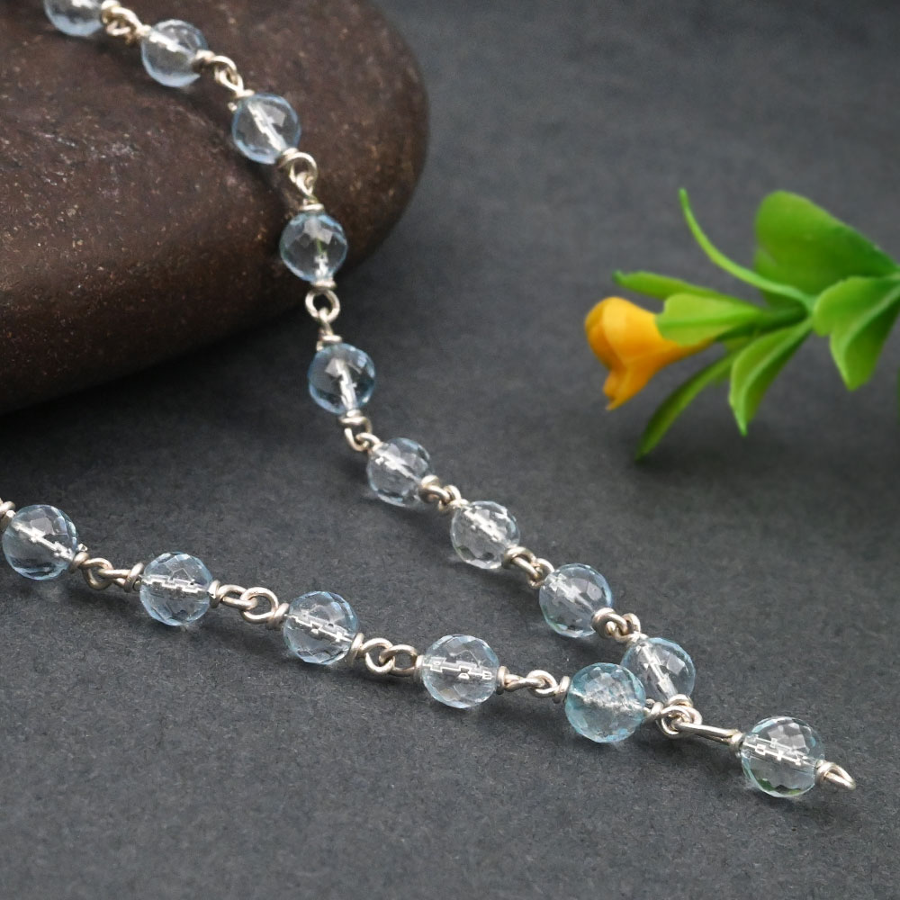 Blue Topaz Faceted Beads Silver Wire Mala