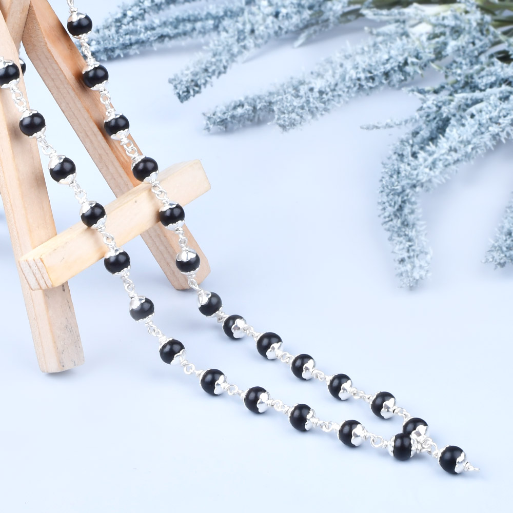 Karungali Black Ebony 925 Silver Flower Caps Mala - 6 mm