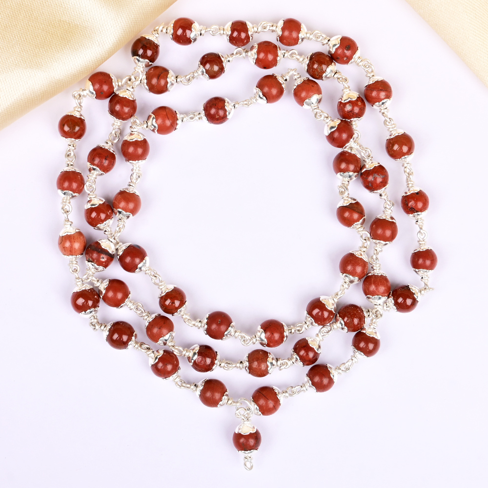 Red Jasper 925 Silver Flower Caps Mala - 6 mm