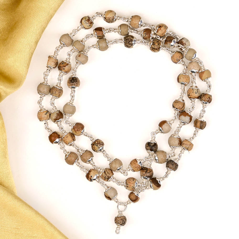 Picture Jasper 925 Silver Flower Caps Mala - 6 mm