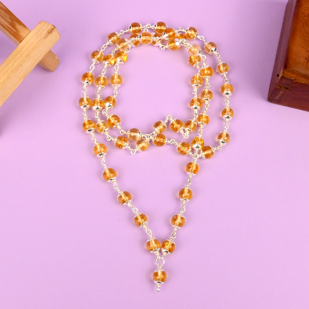 Yellow Citrine 925 Silver Flower Caps Mala - 6 mm