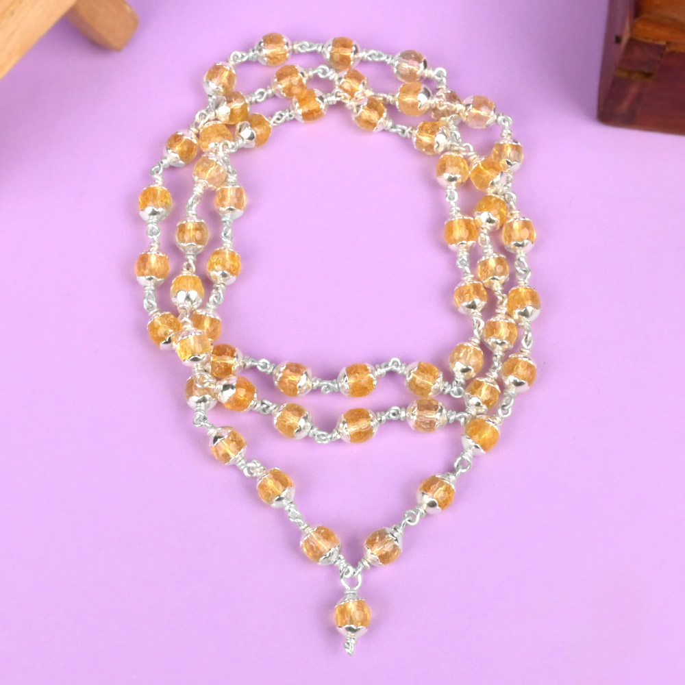 Yellow Citrine Faceted 925 Silver Flower Caps Mala - 6 mm