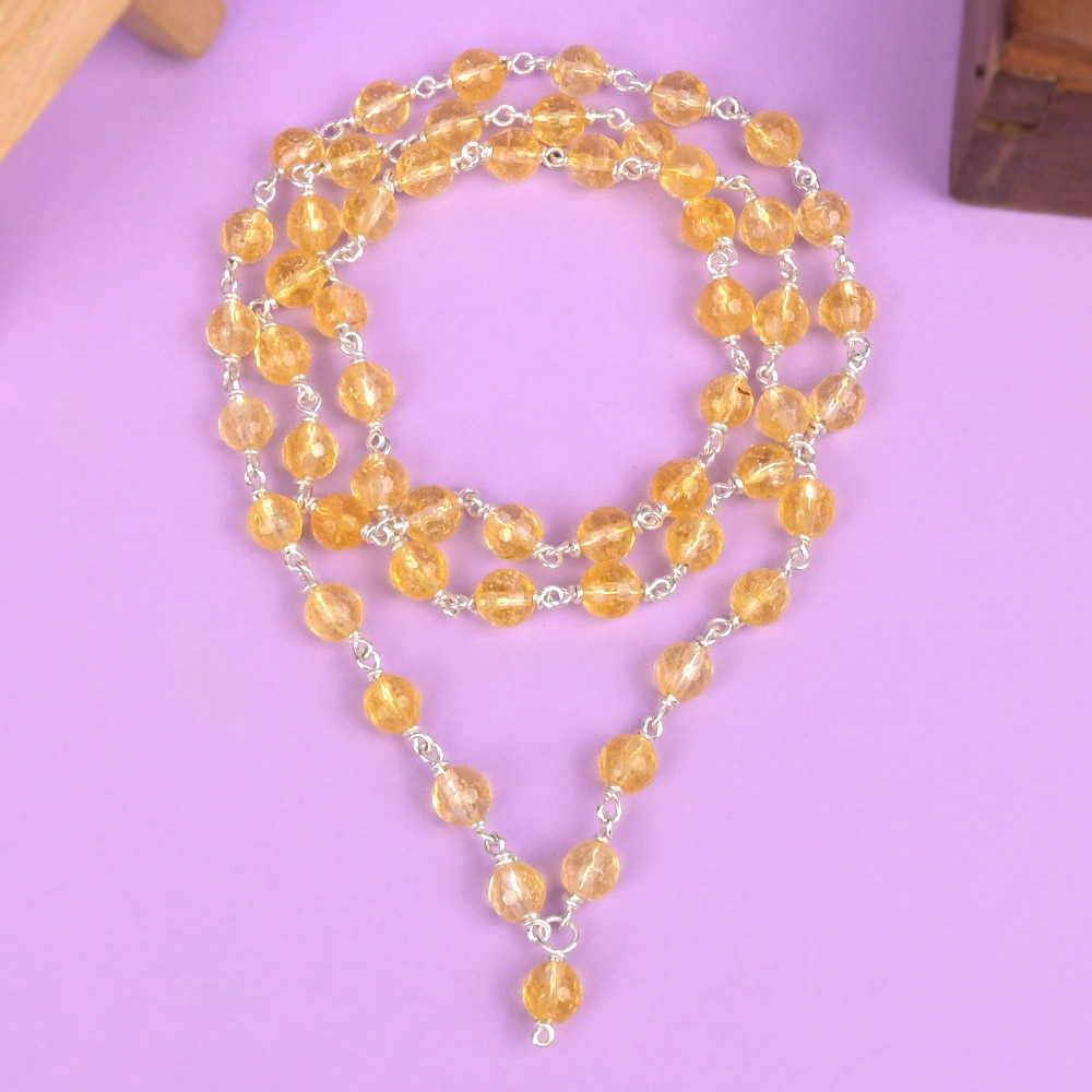 Yellow Citrine Faceted 925 Silver Wire Mala - 6 mm