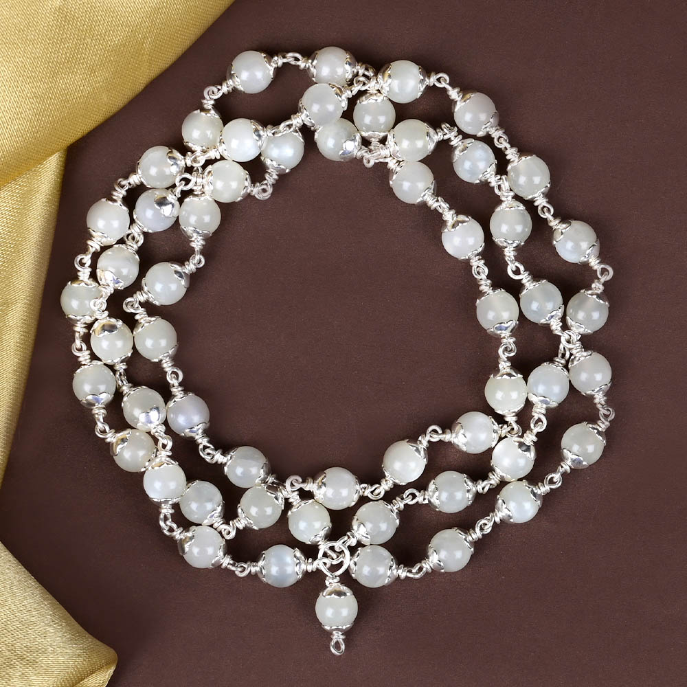 White Moonstone 925 Silver Flower Caps Mala - 6 mm