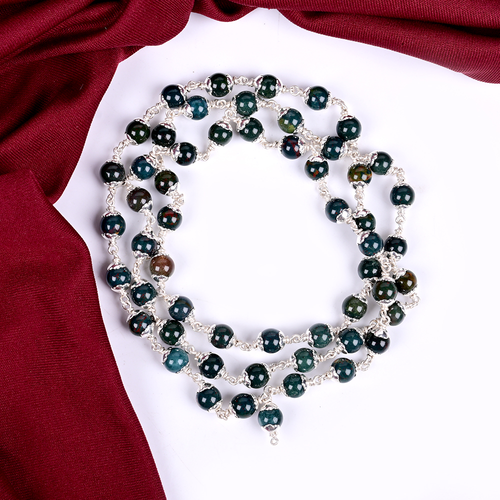 Natural Bloodstone 925 Silver Flower Caps Mala - 6 mm