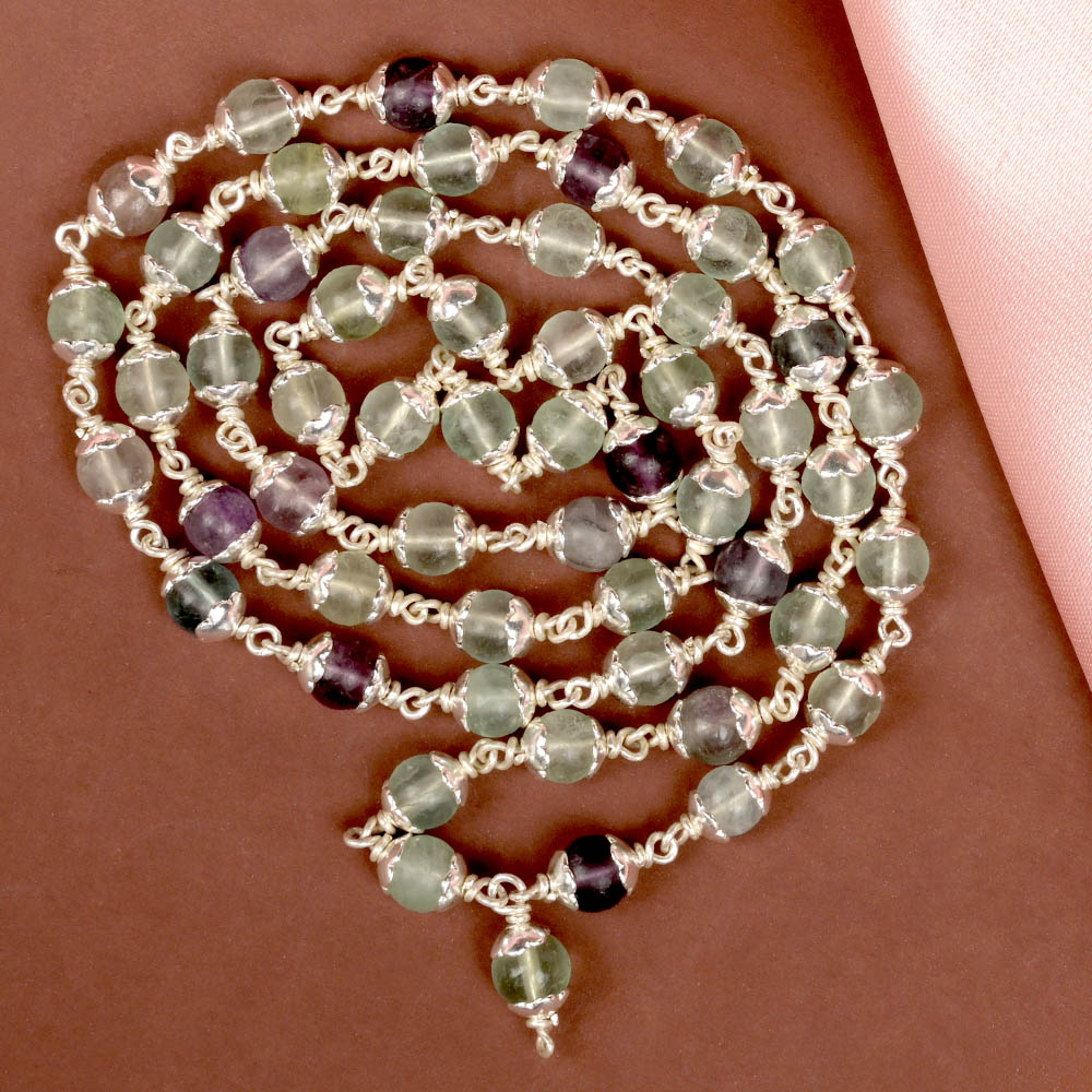 Multi Fluorite 925 Silver Flower Caps Mala - 6 mm