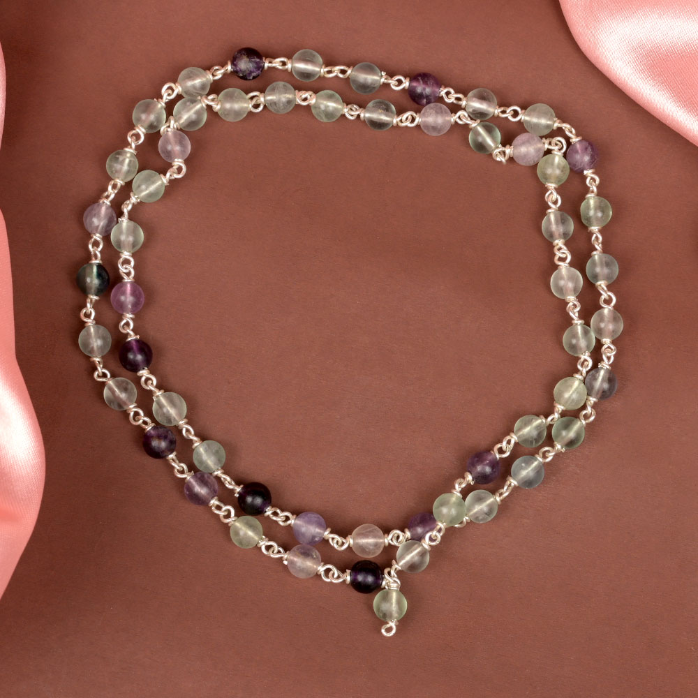 Multi Fluorite 925 Silver Wire Mala - 6 mm