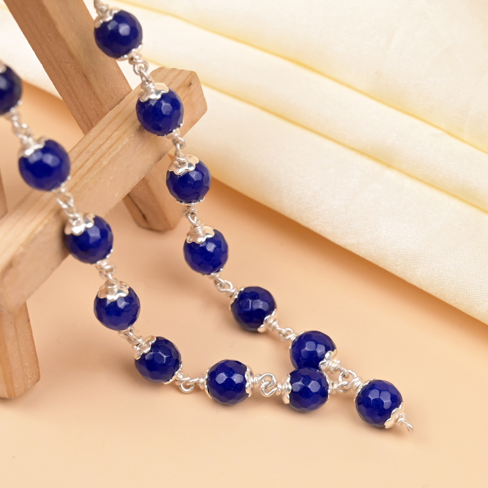 Blue Onyx Faceted 925 Silver Flower Caps Mala