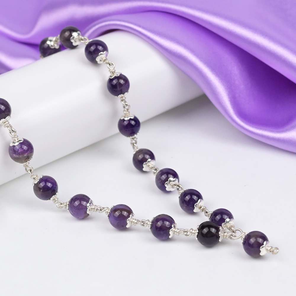 Amethyst 925 Silver Flower Caps Mala