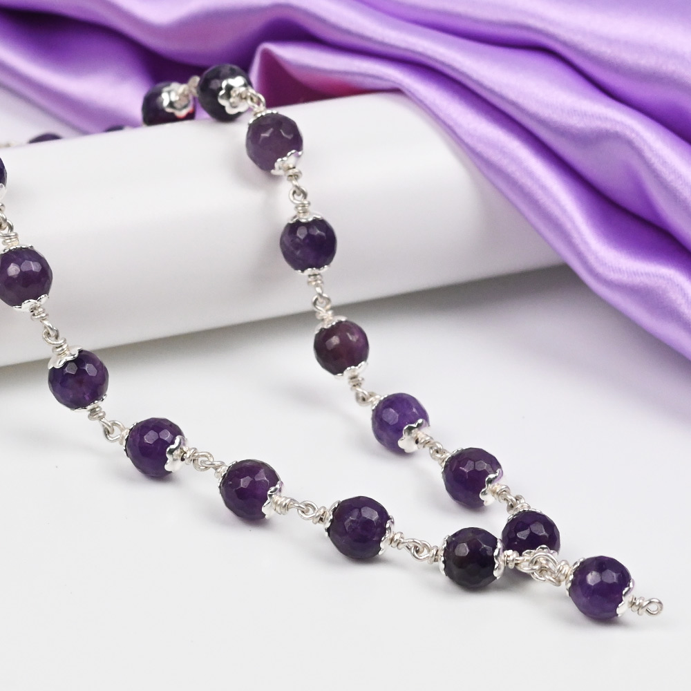 Amethyst Faceted 925 Silver Flower Caps Mala