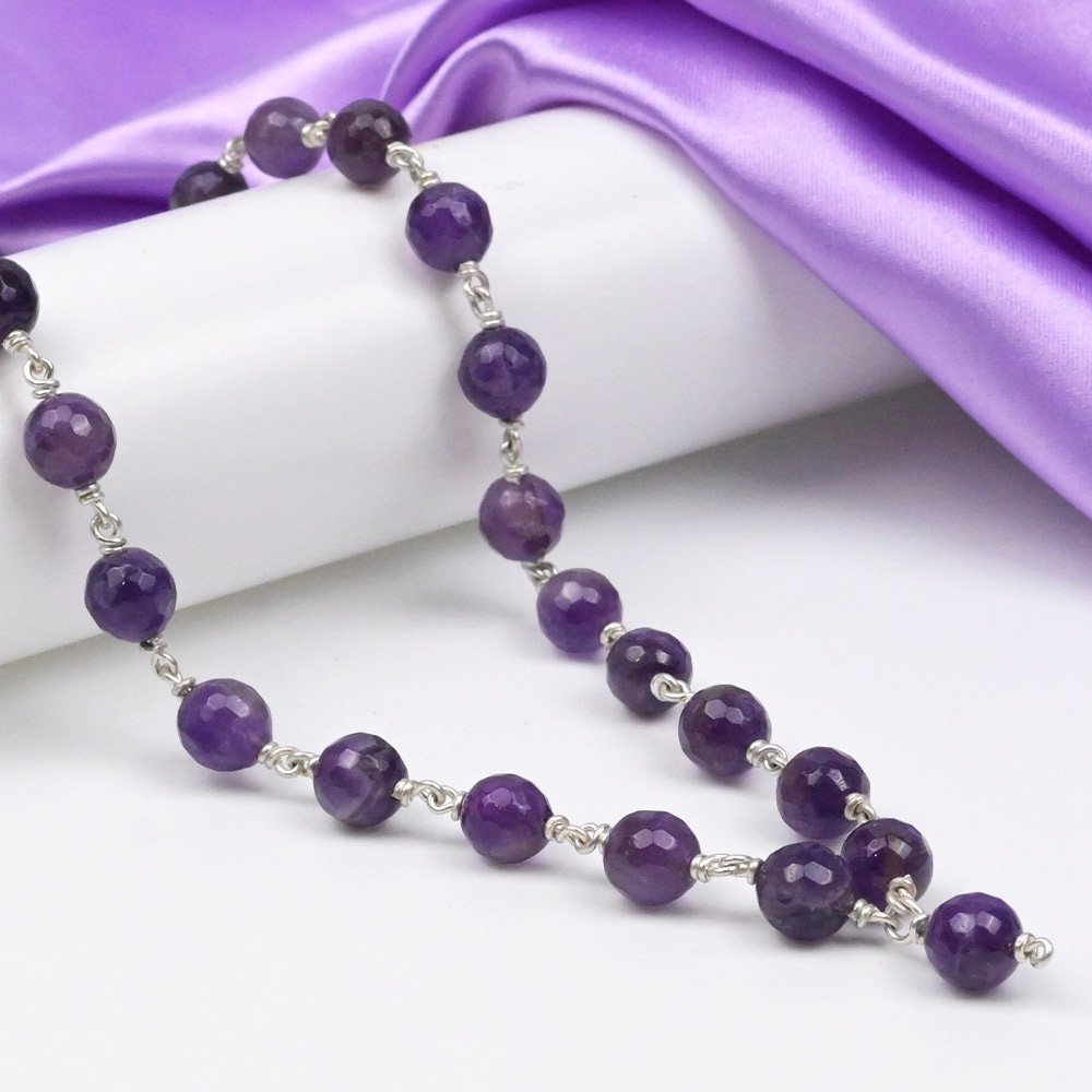 Amethyst Faceted 925 Silver Wire Mala