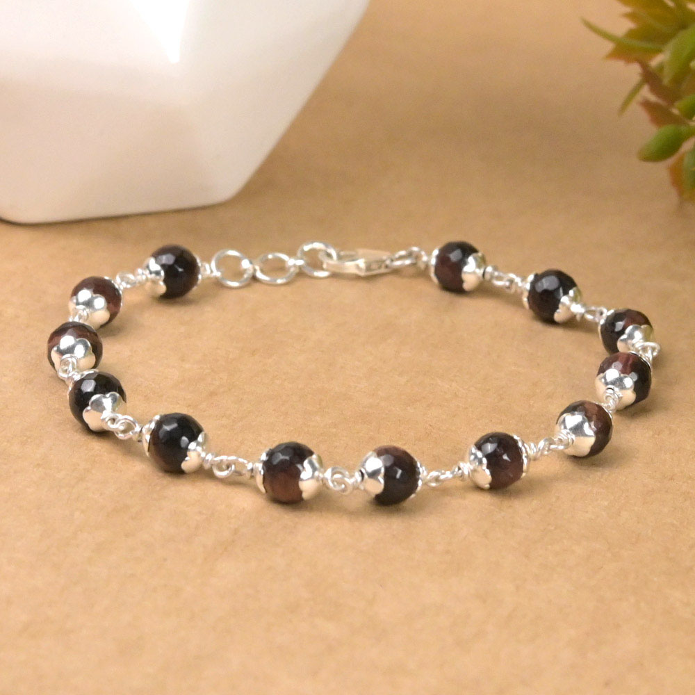 Red Tiger Eye Faceted Beads 925 Silver Flower Caps Bracelet