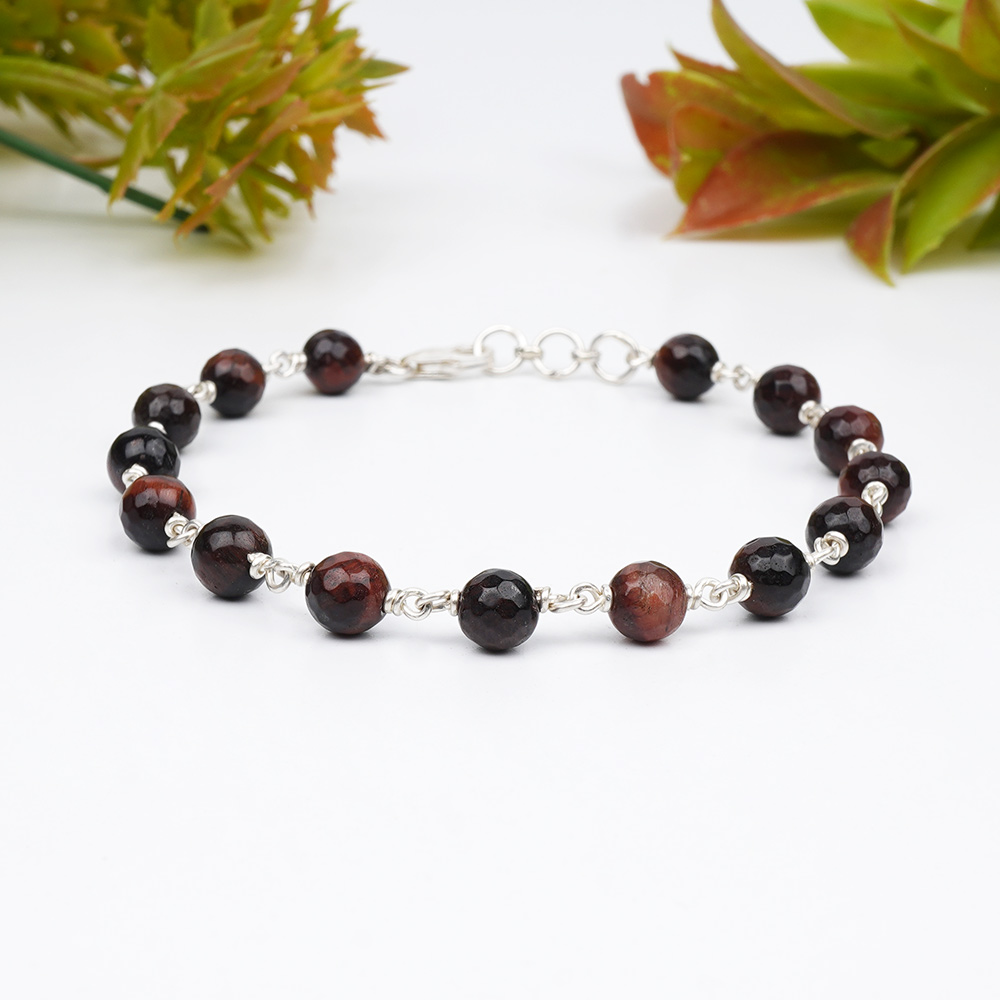 Red Tiger Eye Faceted 925 Silver Wire Bracelet