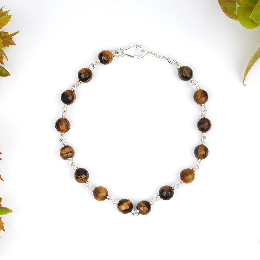 Tiger Eye Faceted 925 Silver Wire Bracelet