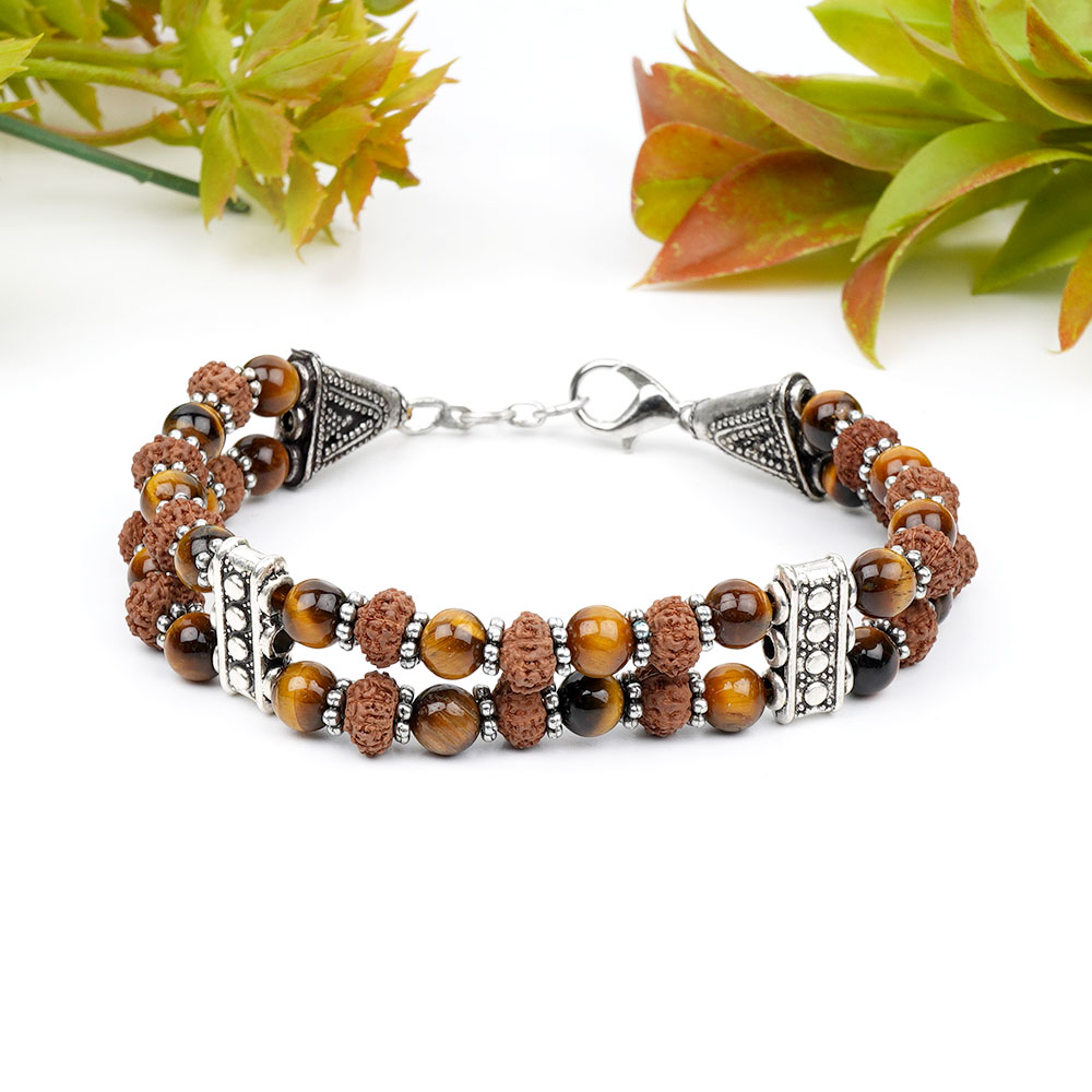Tiger Eye & 8 Mukhi Rudraksha Silver Designer Bracelet