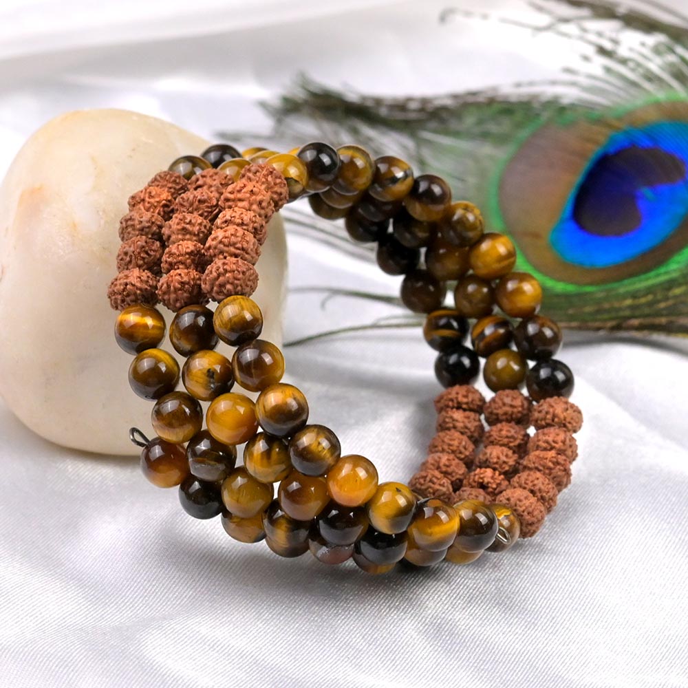 Tiger Eye & 8 Mukhi Rudraksha Spiral Stack Bracelet