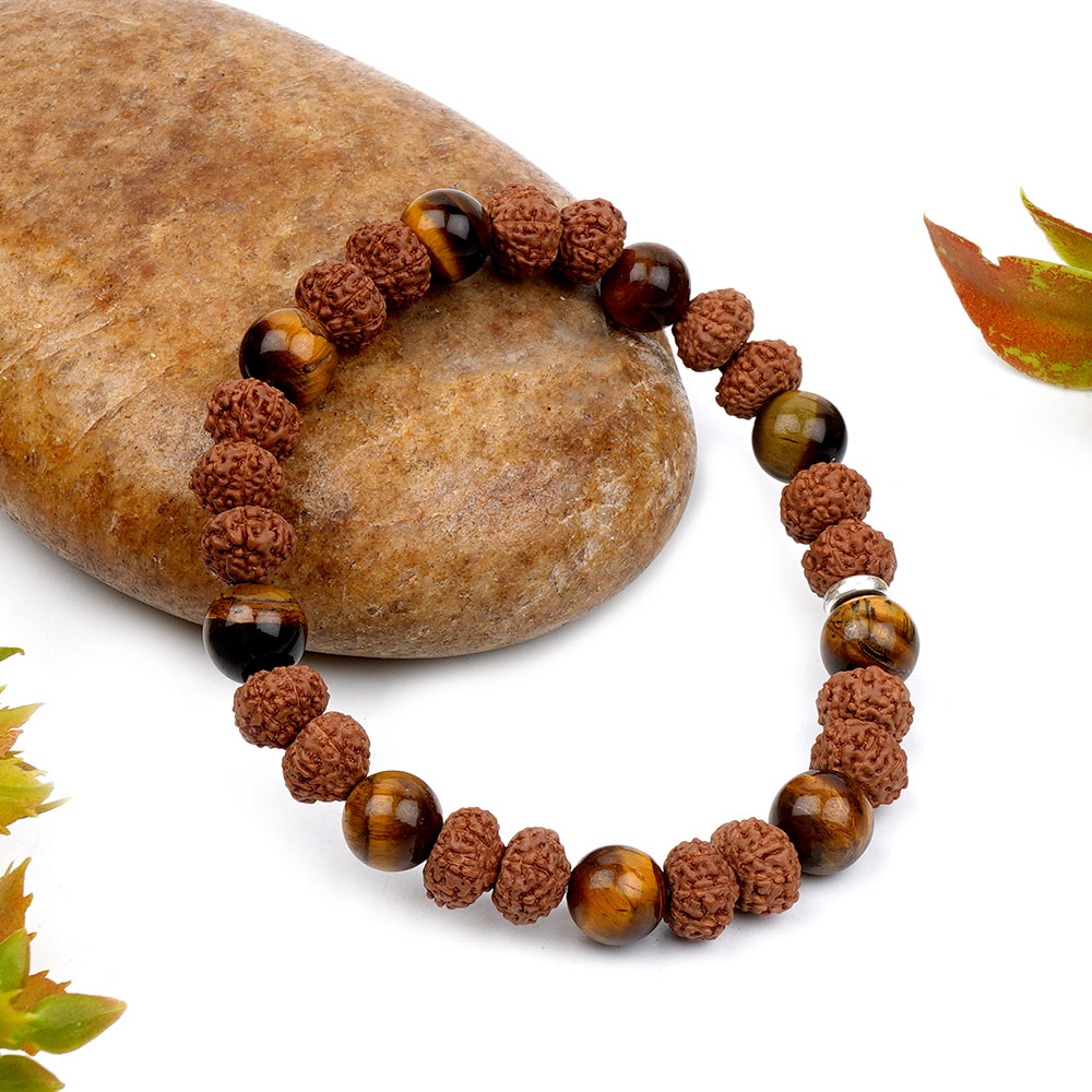 Tiger Eye & 8 Mukhi Rudraksha Silver Chakri Bracelet