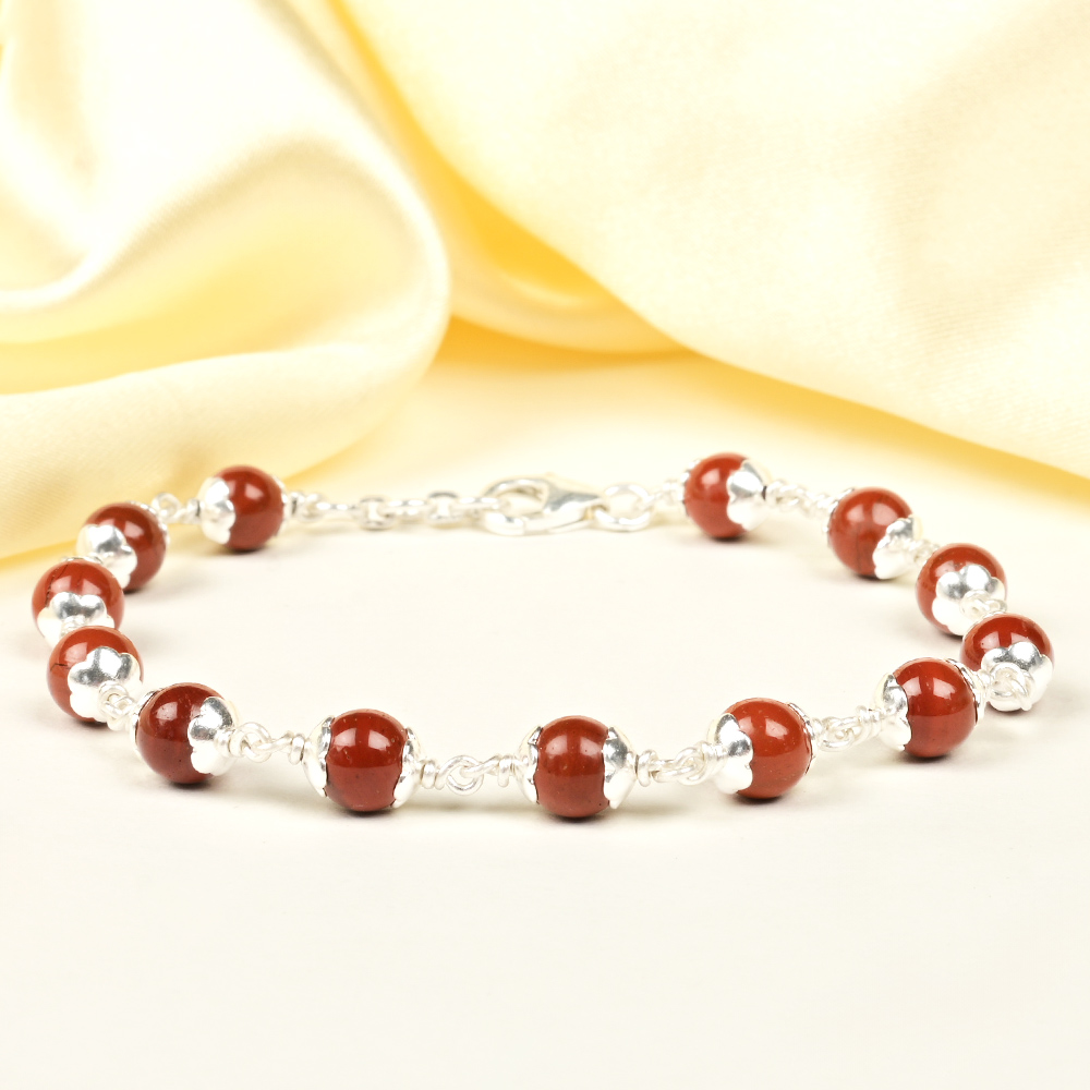 Red Jasper 925 Silver Flower Caps Bracelet - 6 mm
