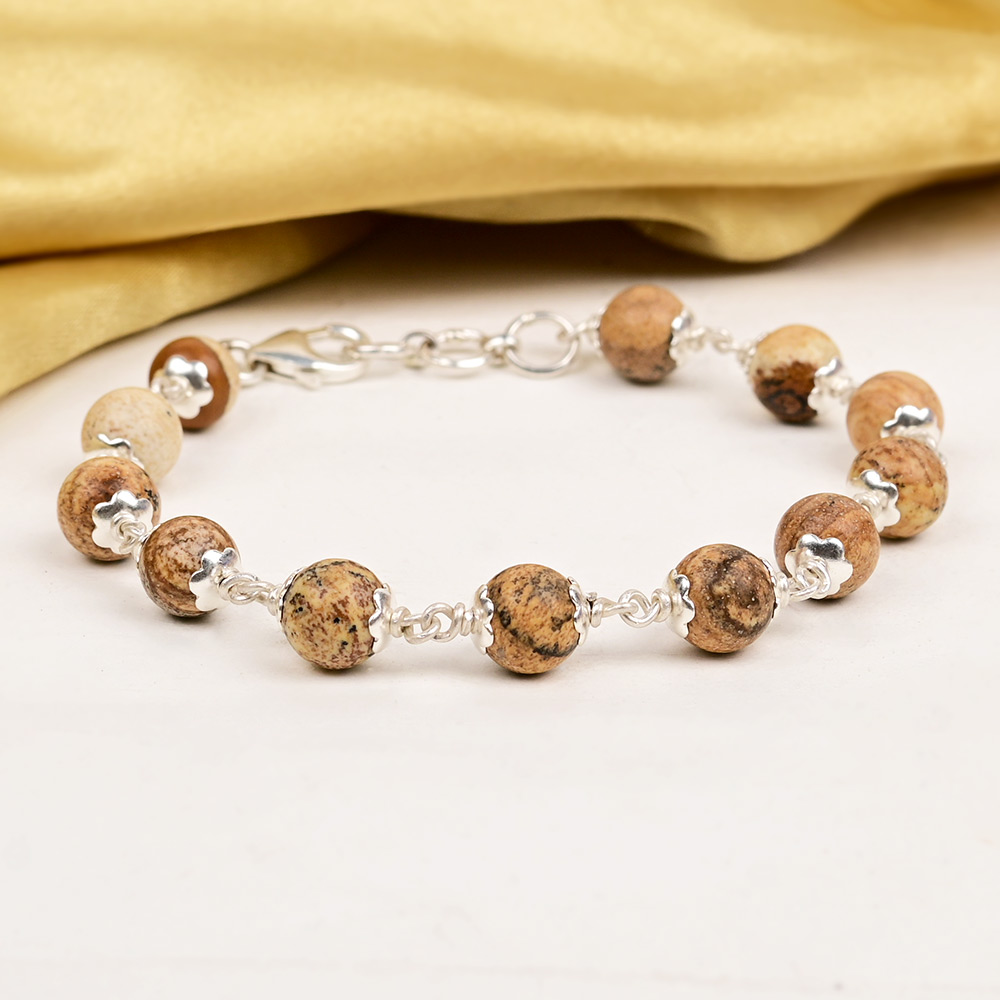Picture Jasper 925 Silver Flower Caps Bracelet - 8 mm
