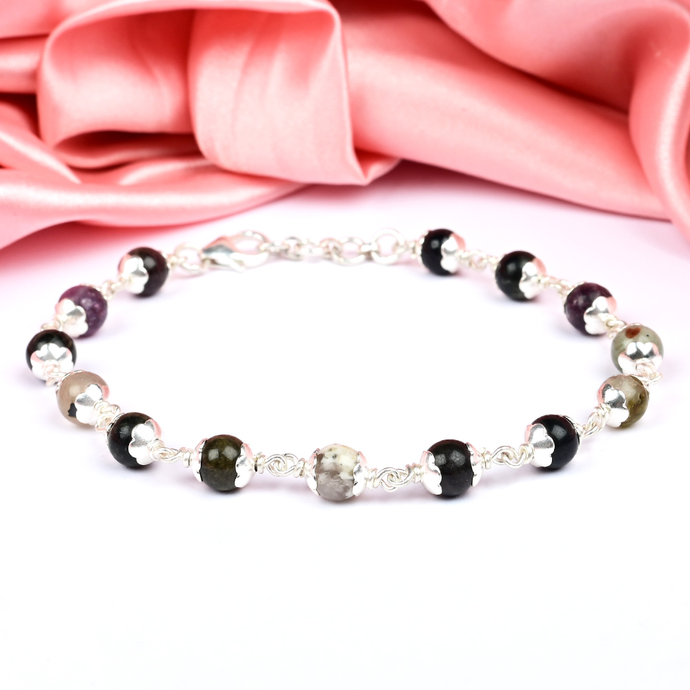 Multi Tourmaline 925 Silver Flower Caps Bracelet - 6 mm