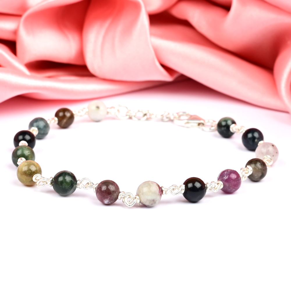 Multi Tourmaline 925 Silver Wire Bracelet - 6 mm