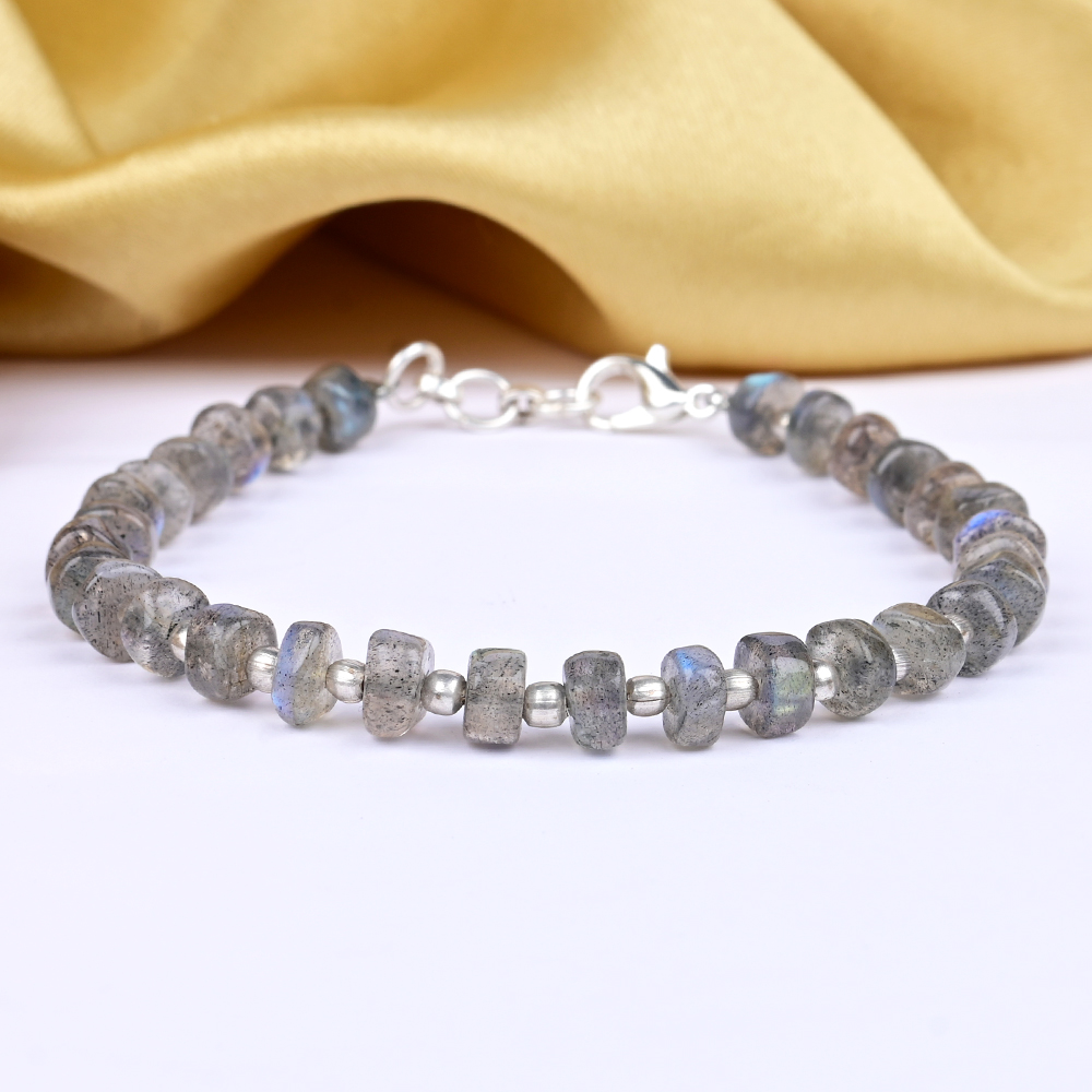 Button Shape Labradorite Silver Ball Bracelet - 5 to 6 mm