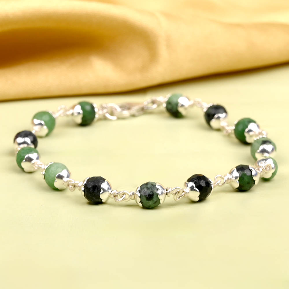 Ruby Zoisite Faceted 925 Silver Flower Caps Bracelet