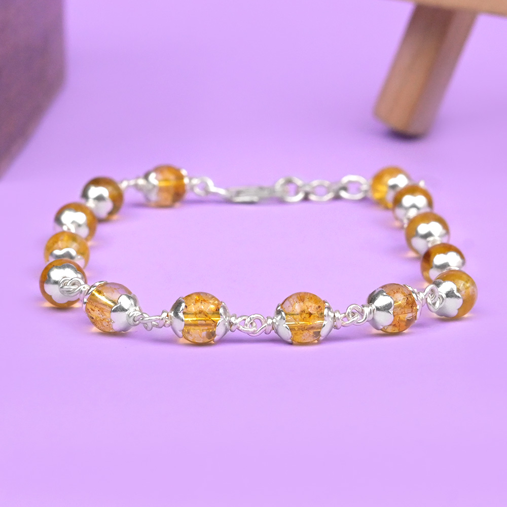 Yellow Citrine 925 Silver Flower Caps Bracelet - 6 mm