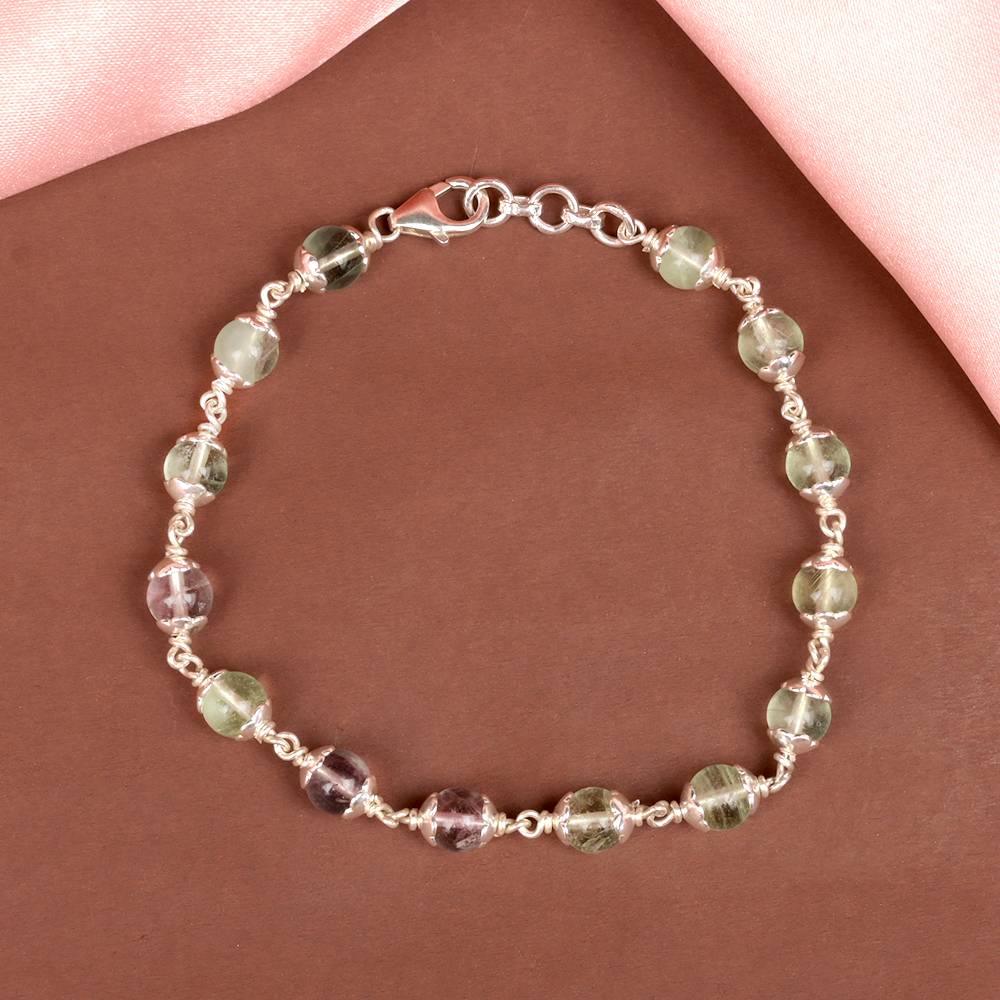 Multi Fluorite 925 Silver Flower Caps Bracelet - 6 mm