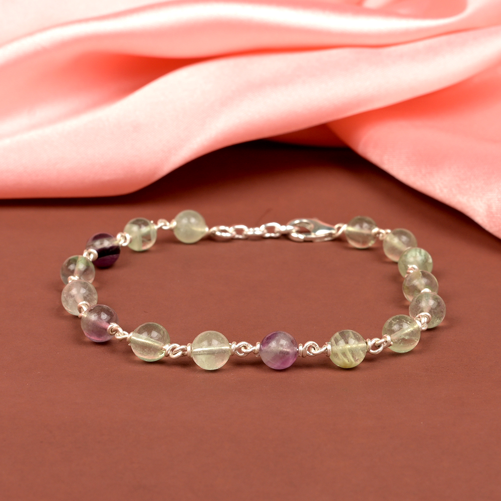Multi Fluorite 925 Silver Wire Bracelet - 6 mm