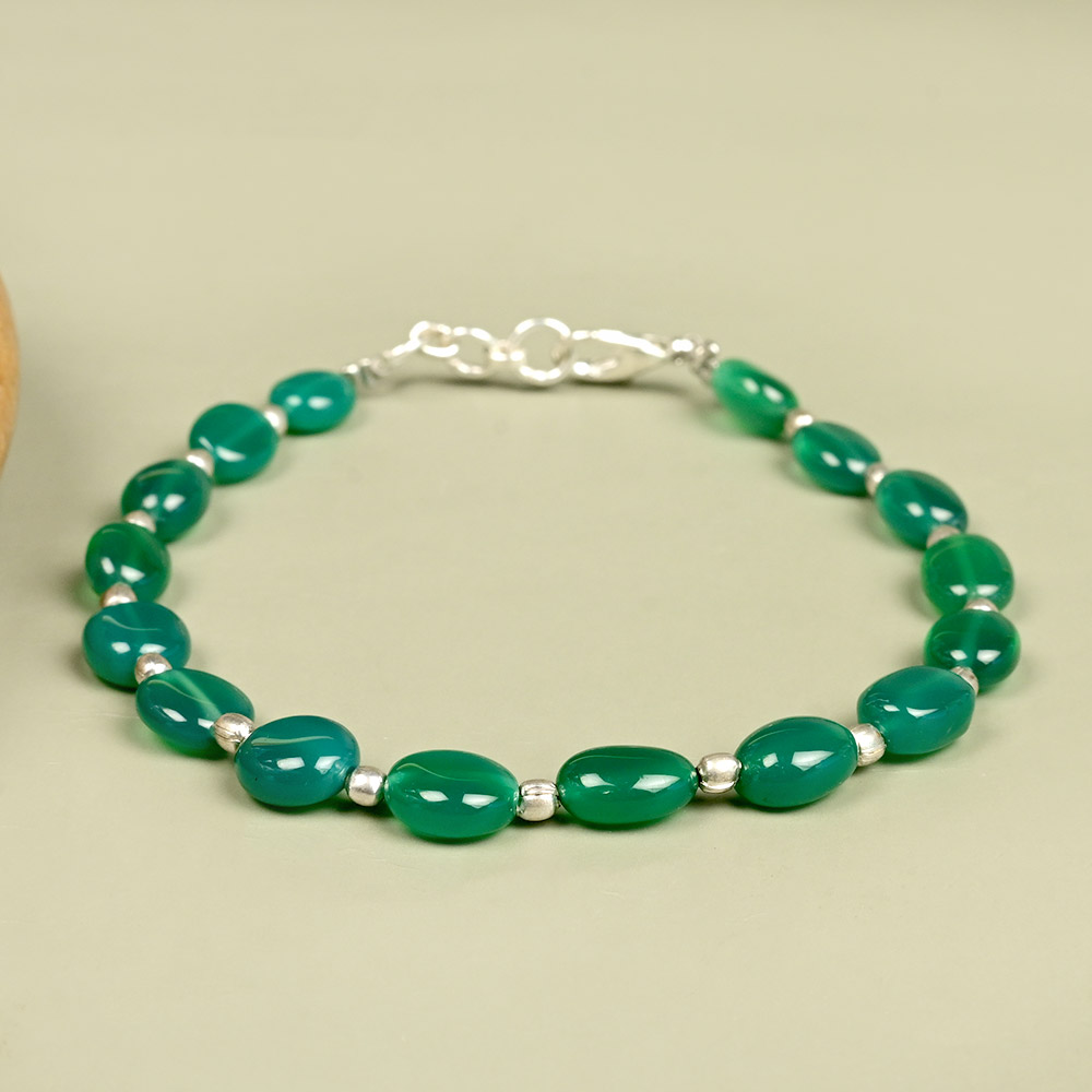 Green Onyx Oval Beads German Silver Balls Bracelet - 8 mm
