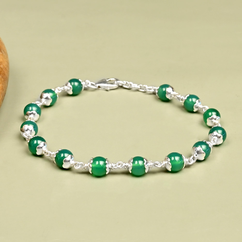 Green Onyx 925 Silver Flower Caps Bracelet - 6 mm