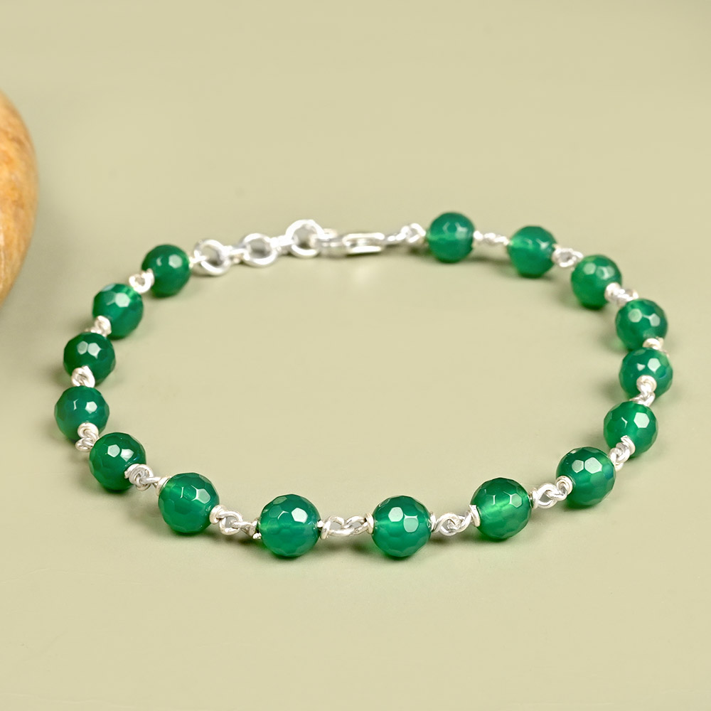 Green Onyx Faceted 925 Silver Wire Bracelet - 6 mm